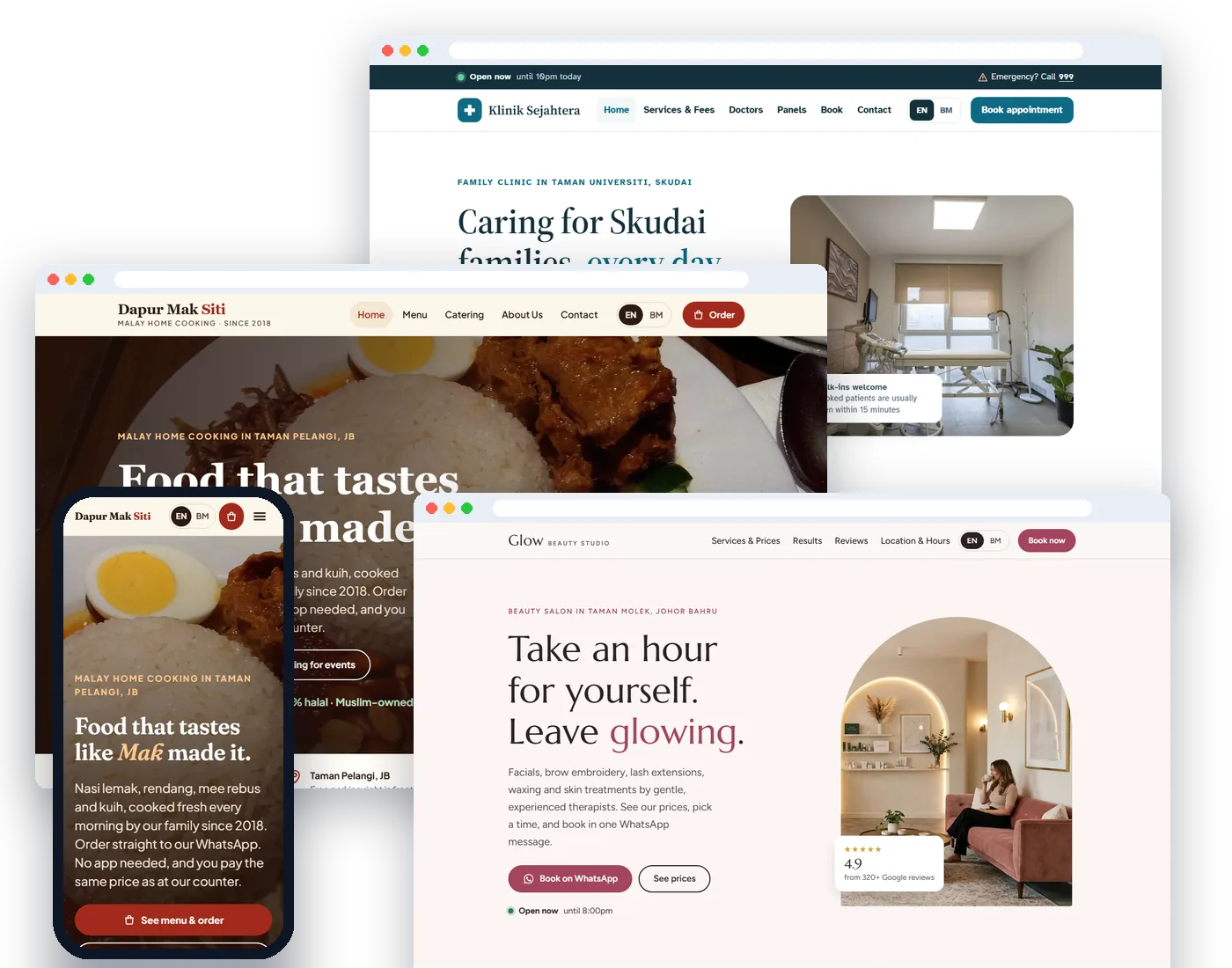 Three websites designed by TechChen, on laptop and phone screens